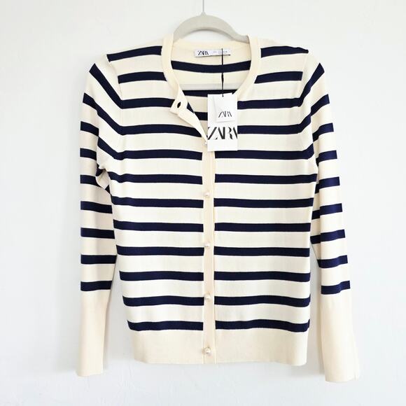 Zara Blue & Cream Beige Nautical Pearl Button Accent Cardigan Sweater Size Large - Picture 5 of 10